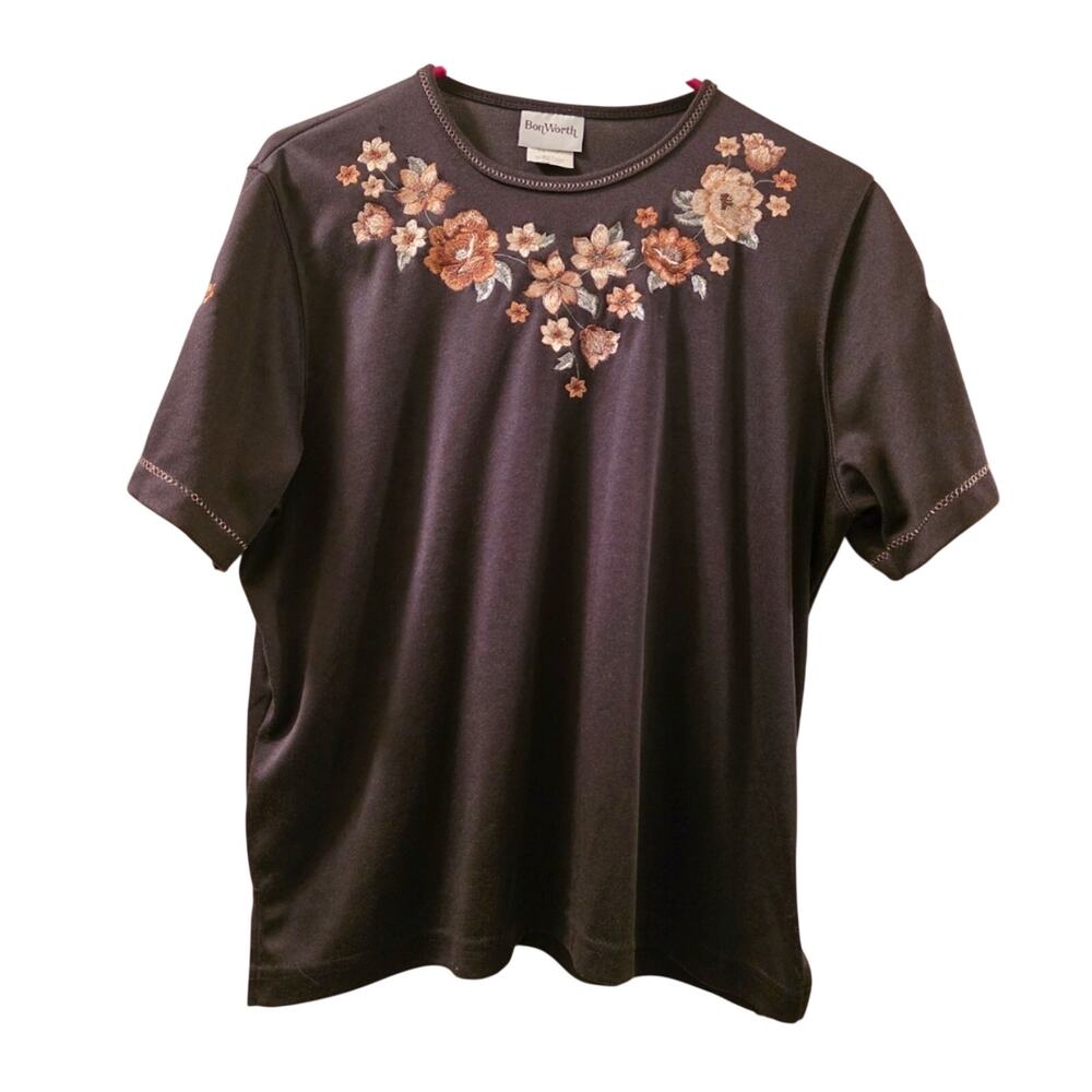 Vtg Floral Embroidered T-Shirt Blouse Black Womens MP Heritage Boho Bon Worth